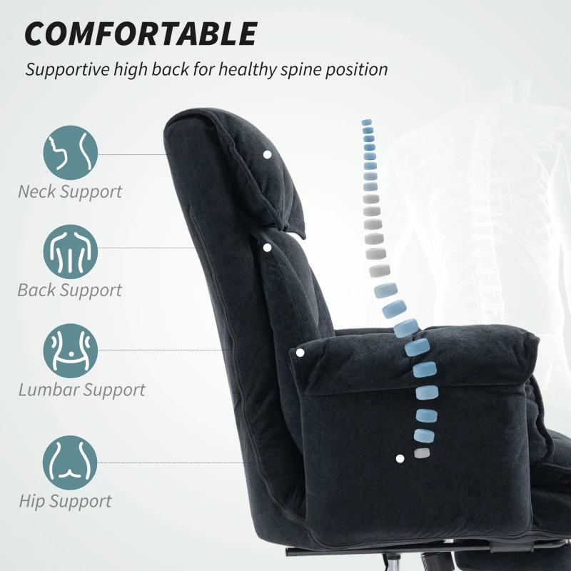 HOMCOM High Back Office Chair, Reclining Desk Chair with Footrest, High Resilience Foam, Rolling Wheels, Black