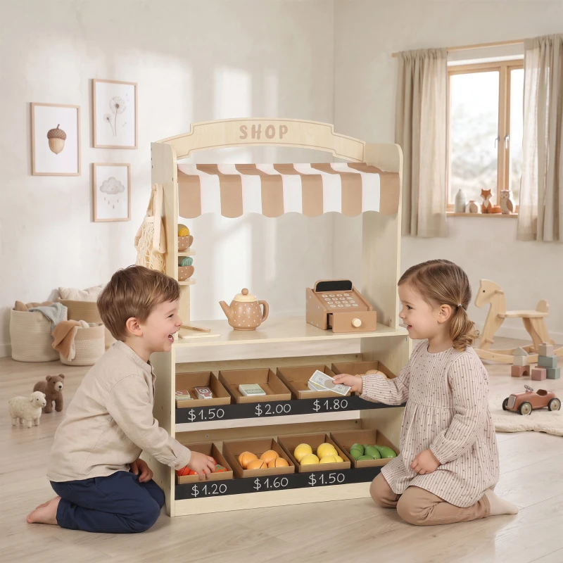 Qaba Wooden Grocery Store Playset Pretend Play with Play Food, Cash Register, Chalkboard, 61 Accessories for Boys & Girls 3-8