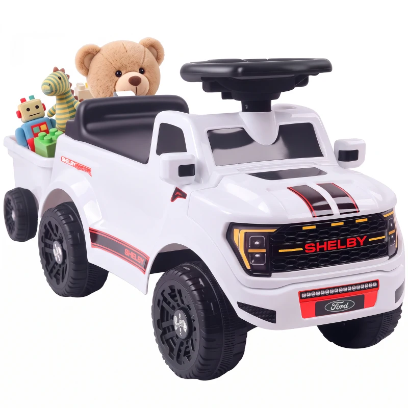 Qaba Ride on Push Car, Licensed Shelby Foot to Floor Sliding Toddler Toy with Trailer, Lift-Up Hood for 18-72 M, White
