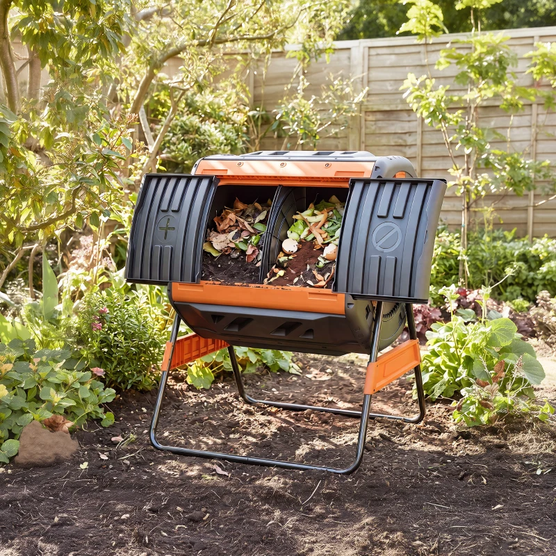 Outsunny Compost Bin Outdoor, 53 Gal Dual Chamber Tumbling Composter with Adjustable Vents, BPA Free Tumbling Composter, Orange