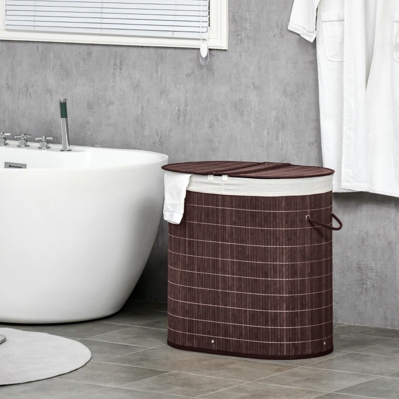 HOMCOM 26.4Gal/100L Handwoven Laundry Hamper with Lid, Double Laundry Basket with Removable Washable Inner Bag, Brown