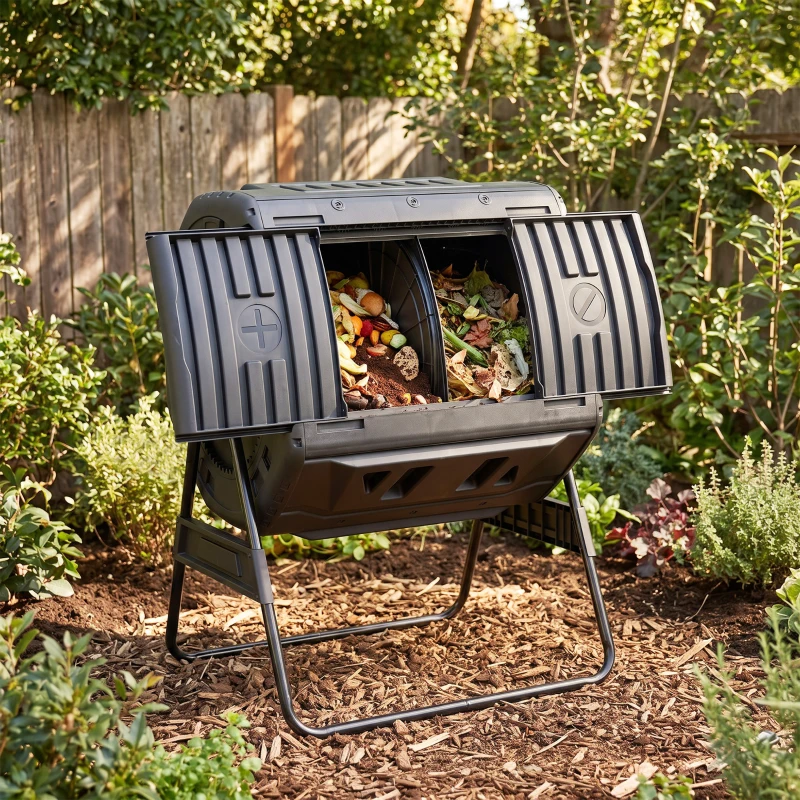 Outsunny Compost Bin Outdoor, 53 Gal Dual Chamber Tumbling Composter with Adjustable Vents, BPA Free Tumbling Composter, Black