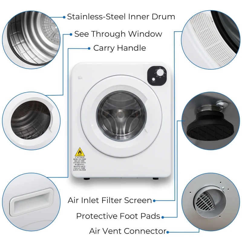 HOMCOM Compact Laundry Dryer 1300W Portable Clothes Dryer with 3.2 cu.ft Stainless Steel Drum, Front Load Electric Dryer, White