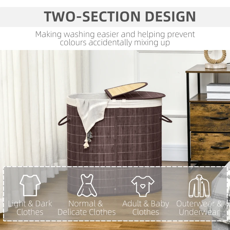 HOMCOM 26.4Gal/100L Handwoven Laundry Hamper with Lid, Double Laundry Basket with Removable Washable Inner Bag, Brown