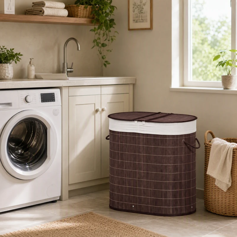 HOMCOM 26.4Gal/100L Handwoven Laundry Hamper with Lid, Double Laundry Basket with Removable Washable Inner Bag, Brown