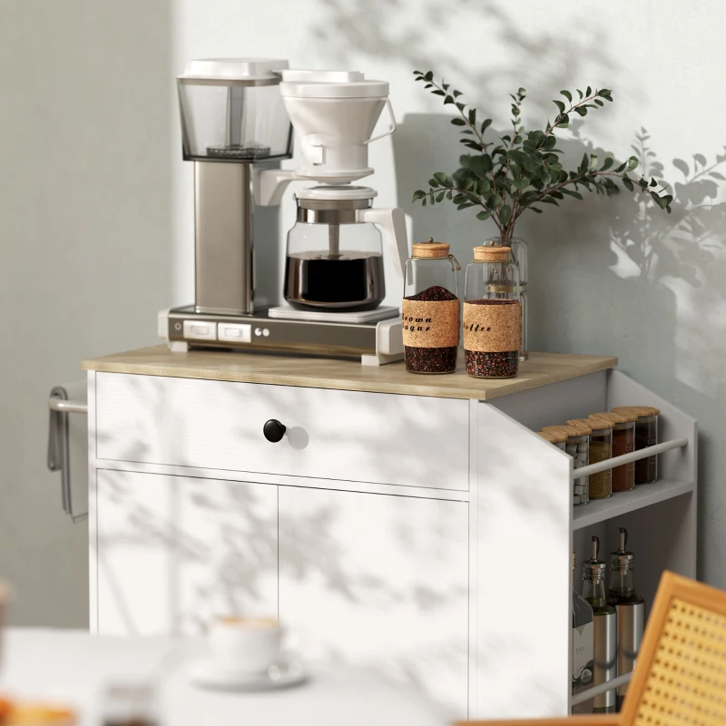 HOMCOM Rolling Kitchen Island with Tabletop, Kitchen Cart with Storage, Drawer, Cabinet,  Spice Rack and Towel Bar, White