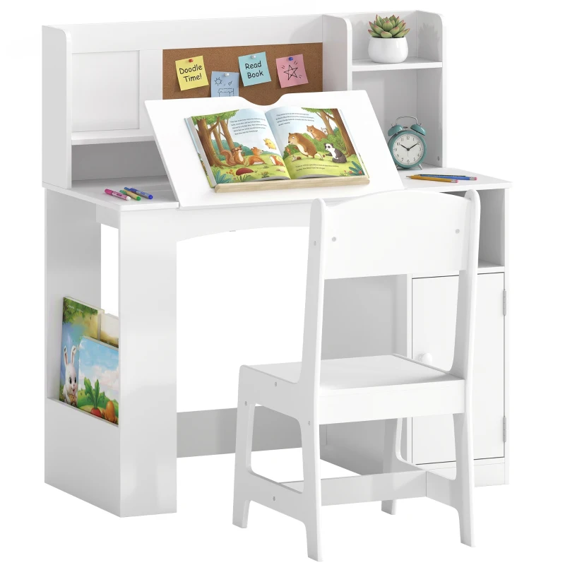 Qaba Kids Desk and Chair Set, Wooden Children Study Table with Tiltable Desktop, Storage Cabinet, Hutch for 3-12, White