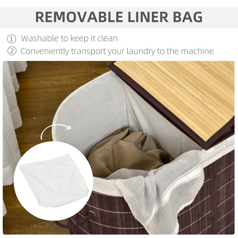 HOMCOM 26.4Gal/100L Handwoven Laundry Hamper with Lid, Double Laundry Basket with Removable Washable Inner Bag, Brown