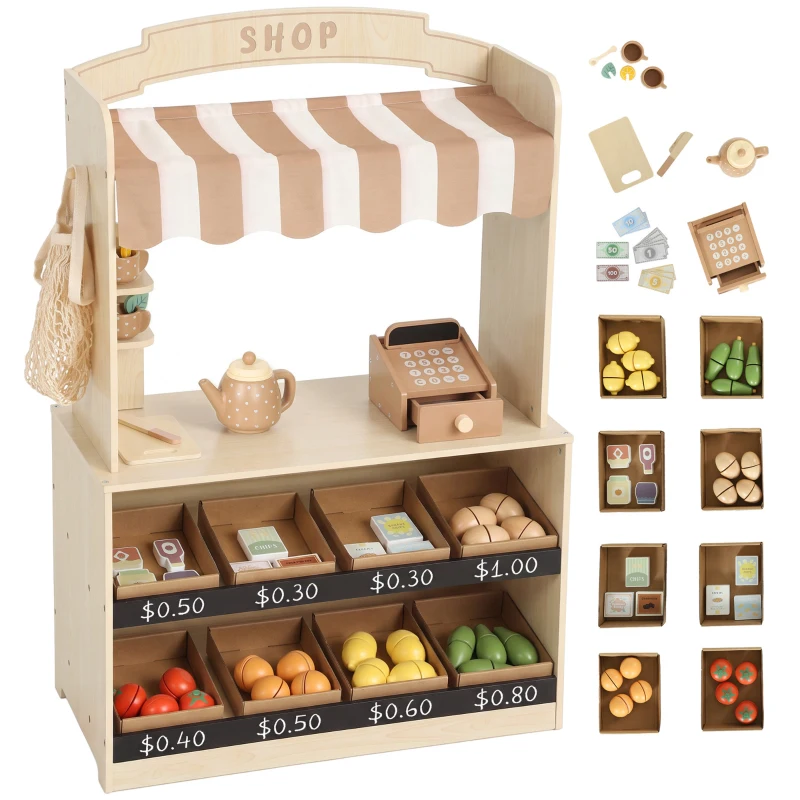 Qaba Wooden Grocery Store Playset Pretend Play with Play Food, Cash Register, Chalkboard, 61 Accessories for Boys & Girls 3-8