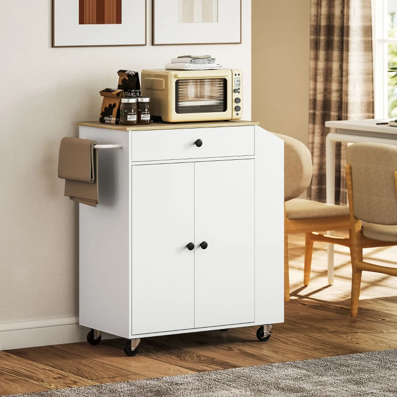 HOMCOM Rolling Kitchen Island with Tabletop, Kitchen Cart with Storage, Drawer, Cabinet,  Spice Rack and Towel Bar, White