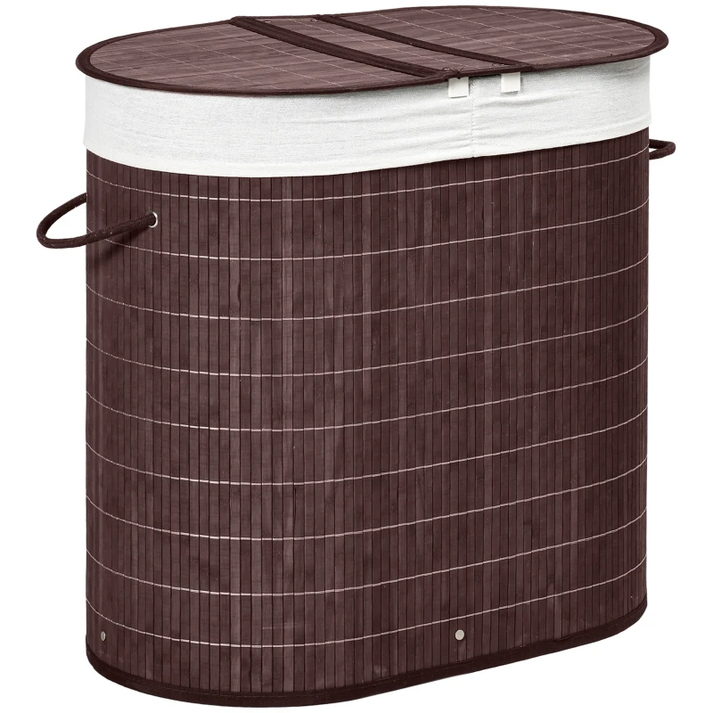 HOMCOM 26.4Gal/100L Handwoven Laundry Hamper with Lid, Double Laundry Basket with Removable Washable Inner Bag, Brown