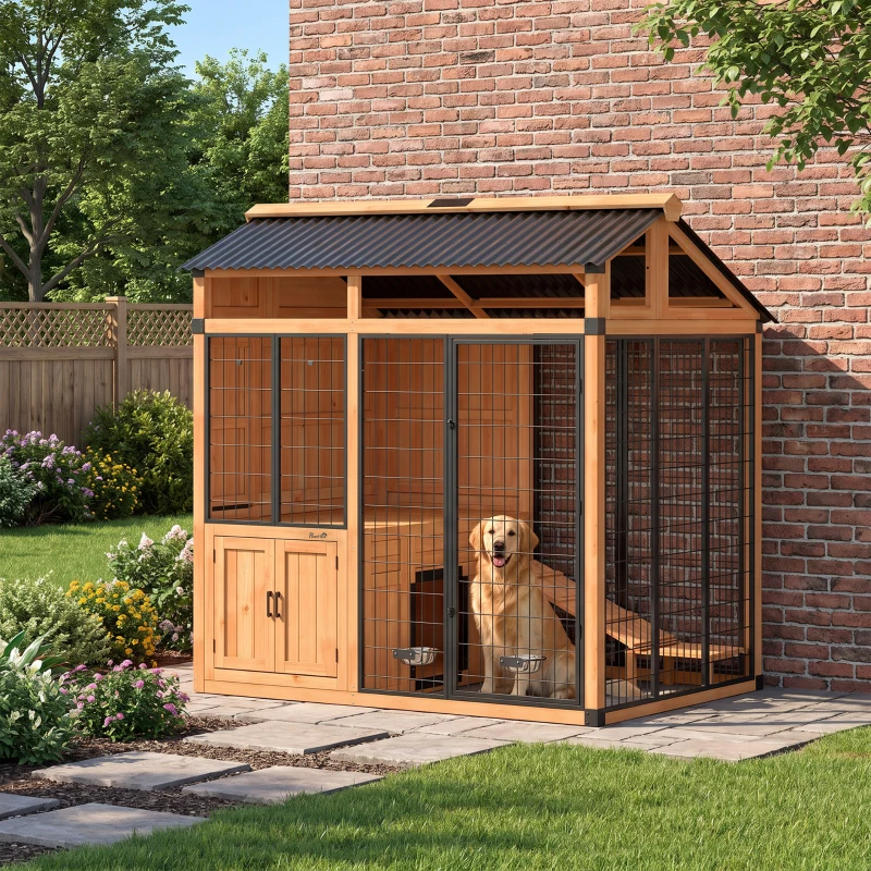 PawHut 7' x 5' Extra Large Dog House, Wood Outdoor Dog Kennel with Platform, Storage Cabinet for Large Breeds, Yellow