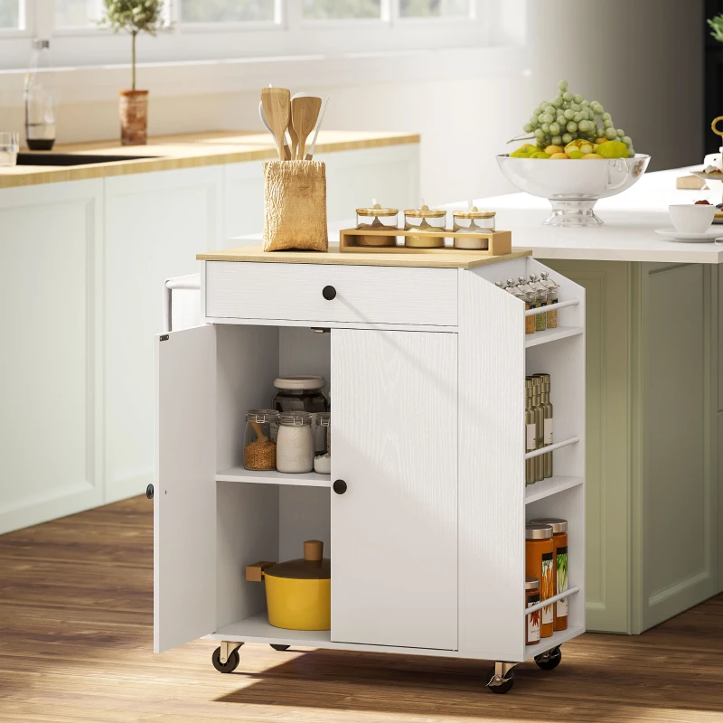 HOMCOM Rolling Kitchen Island with Tabletop, Kitchen Cart with Storage, Drawer, Cabinet,  Spice Rack and Towel Bar, White