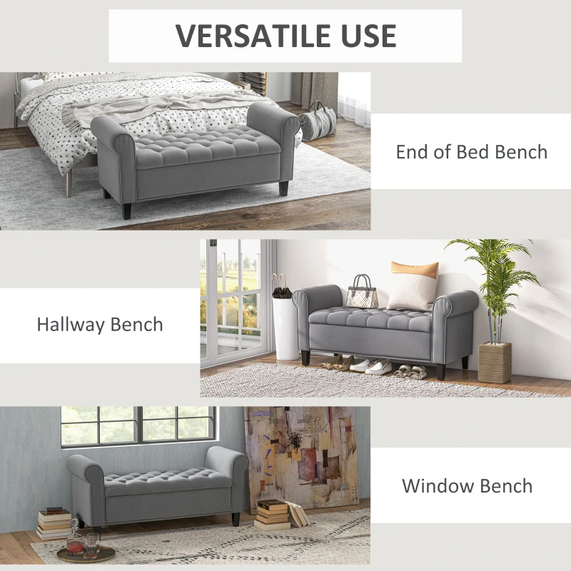 HOMCOM 50 Inches Storage Ottoman, End of Bed Bench with Rolled Arms, Wood Legs, Button Tufted Storage Bench, Charcoal Gray