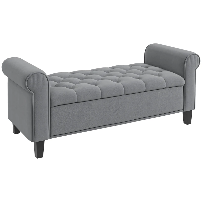 HOMCOM 50 Inches Storage Ottoman, End of Bed Bench with Rolled Arms, Wood Legs, Button Tufted Storage Bench, Charcoal Gray
