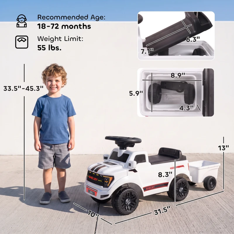 Qaba Ride on Push Car, Licensed Shelby Foot to Floor Sliding Toddler Toy with Trailer, Lift-Up Hood for 18-72 M, White