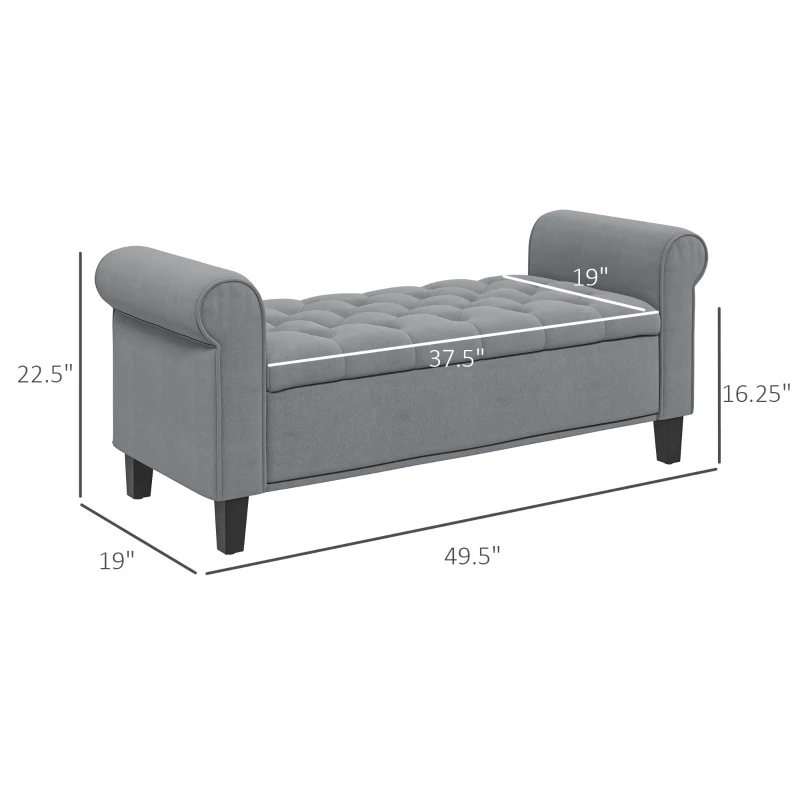 HOMCOM 50 Inches Storage Ottoman, End of Bed Bench with Rolled Arms, Wood Legs, Button Tufted Storage Bench, Charcoal Gray