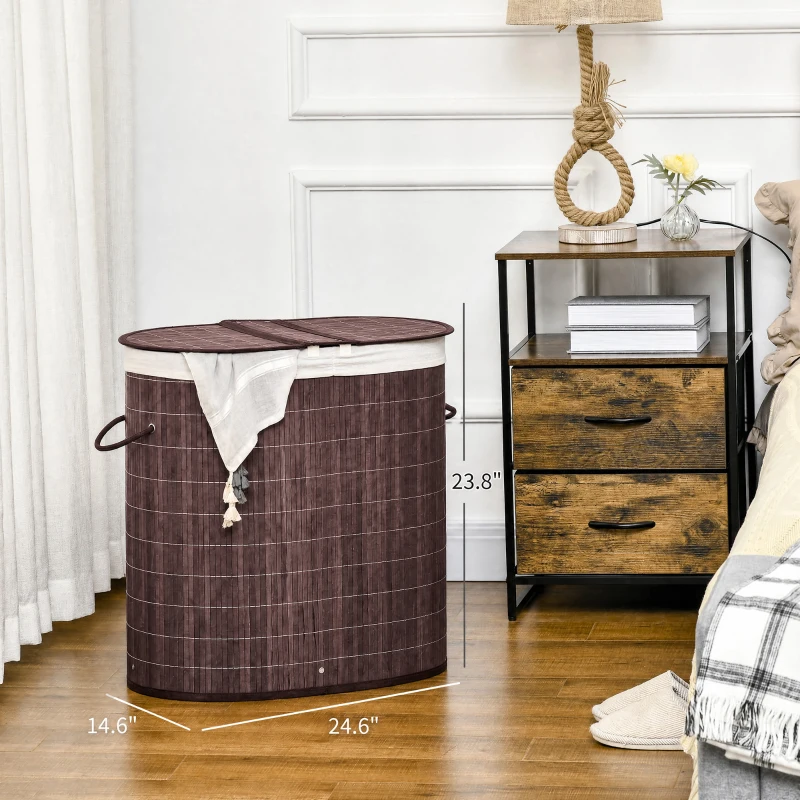 HOMCOM 26.4Gal/100L Handwoven Laundry Hamper with Lid, Double Laundry Basket with Removable Washable Inner Bag, Brown