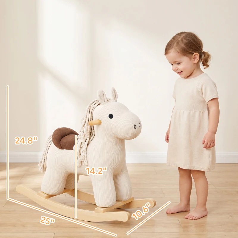 Qaba Baby Rocking Horse, Wooden Ride on Horse Toy with Realistic Sound and Rocking Limiter, Plush Ride-On Rocker for Toddlers