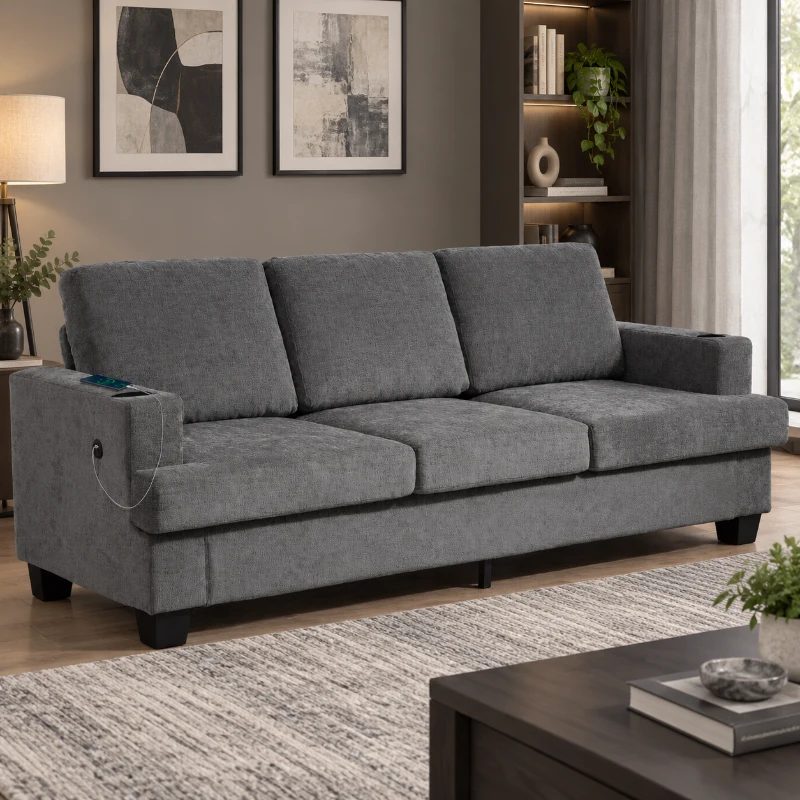 HOMCOM 3 Seater Sofa with USB Ports & Cup Holders, Chenille-Feel Upholstered Couch for Living Room, Grey