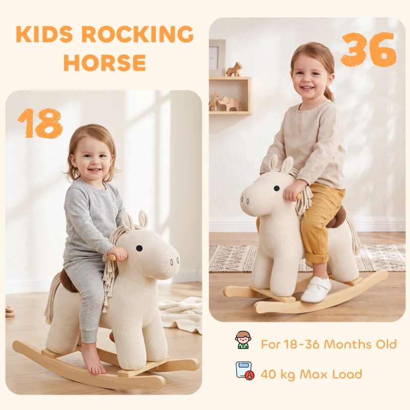 Qaba Baby Rocking Horse, Wooden Ride on Horse Toy with Realistic Sound and Rocking Limiter, Plush Ride-On Rocker for Toddlers