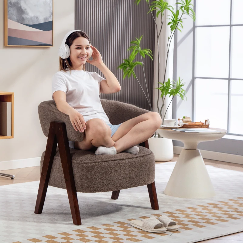 HOMCOM Sherpa Fleece Accent Chair, Upholstered Armchair with Solid Wood Legs for Living Room, Light Brown