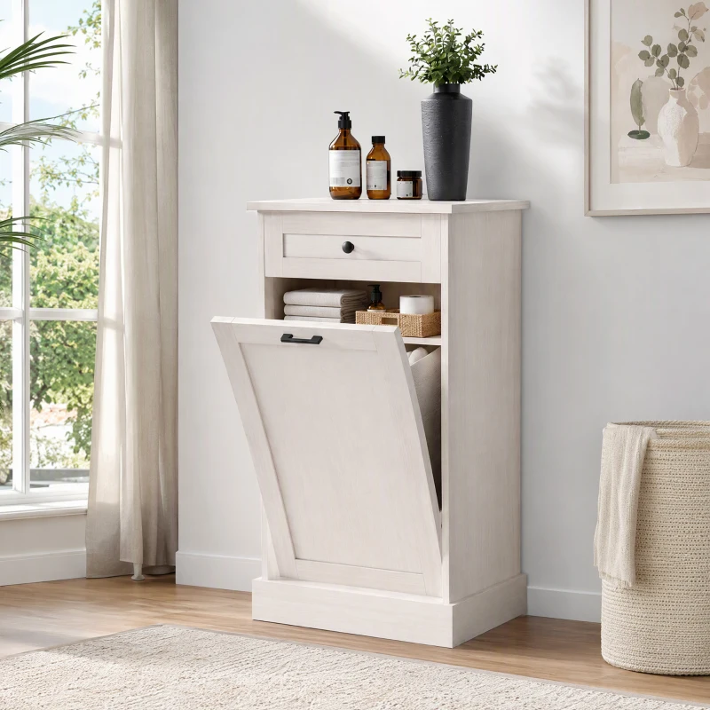 HOMCOM Kitchen Tilt Out Trash Bin Cabinet Free Standing Storage Cabinet with Drawer, Light Gray