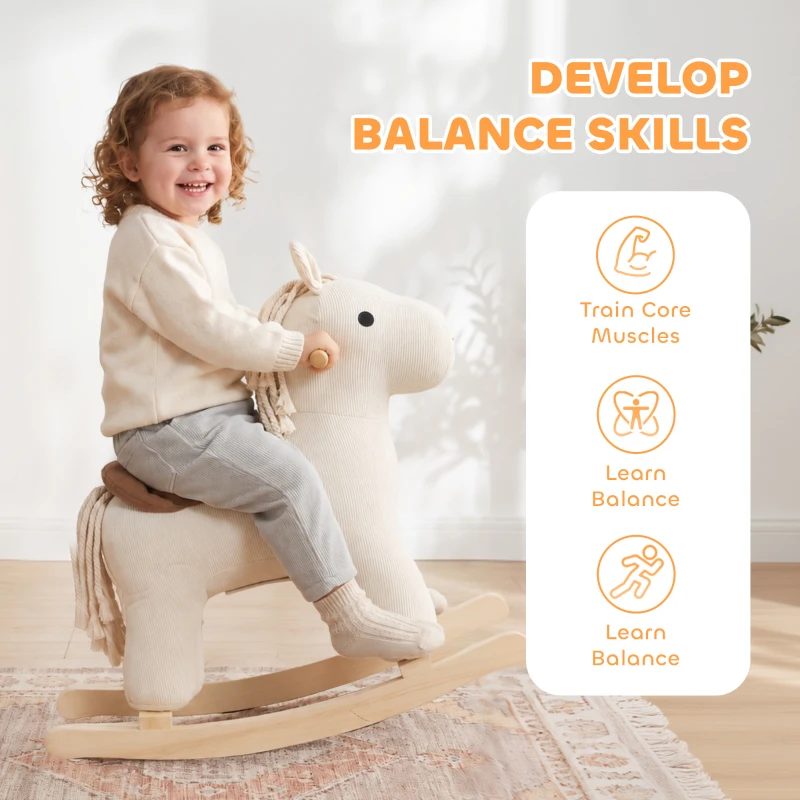 Qaba Baby Rocking Horse, Wooden Ride on Horse Toy with Realistic Sound and Rocking Limiter, Plush Ride-On Rocker for Toddlers