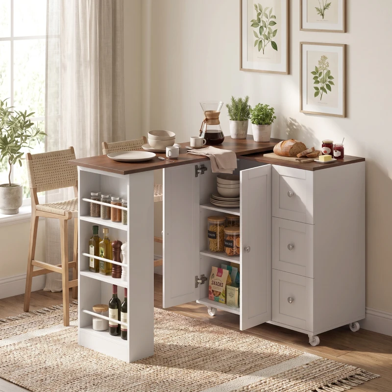 HOMCOM Bar Table with Storage Counter Height Table 3 Drawers Side Shelves, Walnut and White