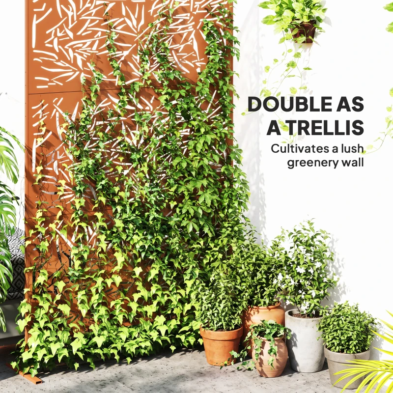 Outsunny Decorative Privacy Fence Screen, Metal Outdoor Privacy Screen Climbing Plant Trellis with Stand, Bamboo Brown