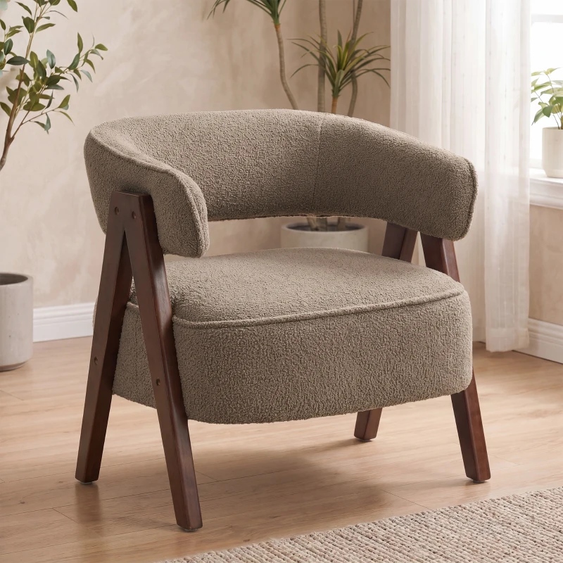 HOMCOM Sherpa Fleece Accent Chair, Upholstered Armchair with Solid Wood Legs for Living Room, Light Brown