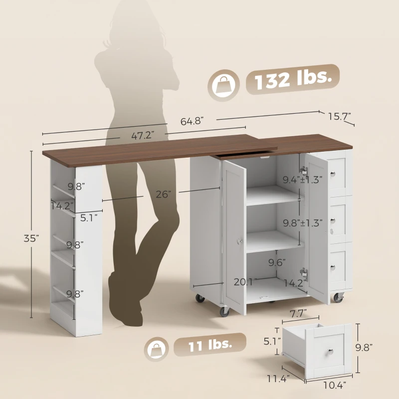 HOMCOM Bar Table with Storage Counter Height Table 3 Drawers Side Shelves, Walnut and White