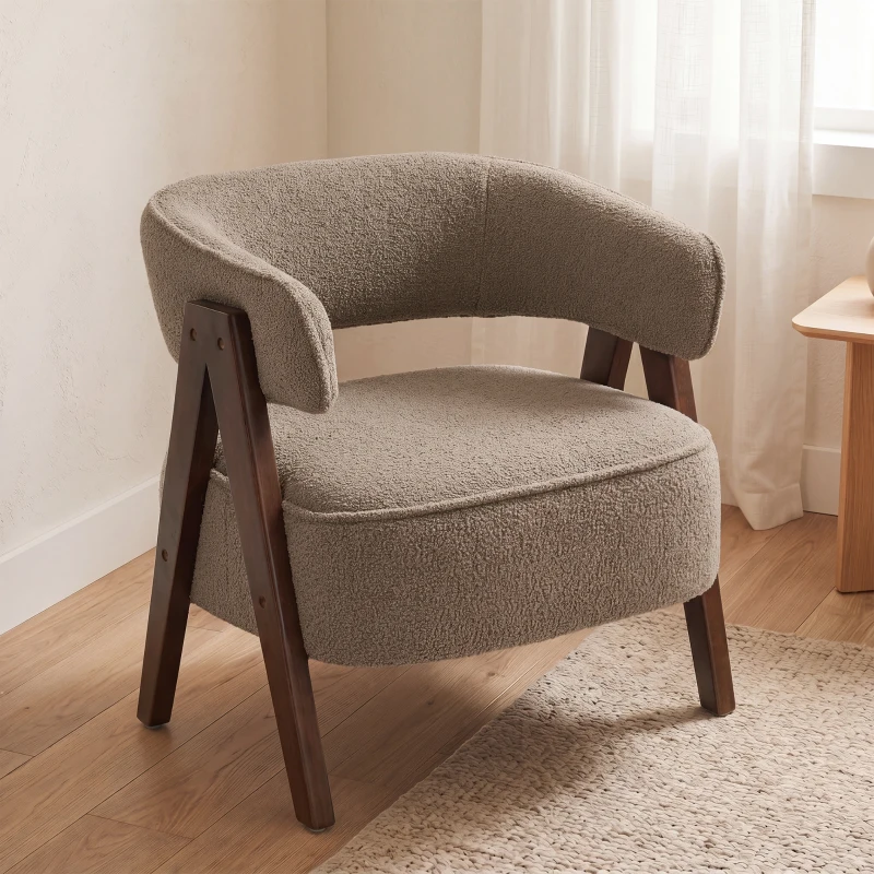 HOMCOM Sherpa Fleece Accent Chair, Upholstered Armchair with Solid Wood Legs for Living Room, Light Brown