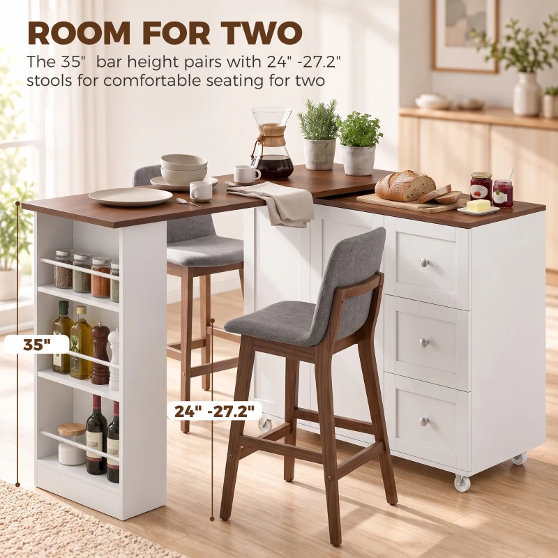 HOMCOM Bar Table with Storage Counter Height Table 3 Drawers Side Shelves, Walnut and White