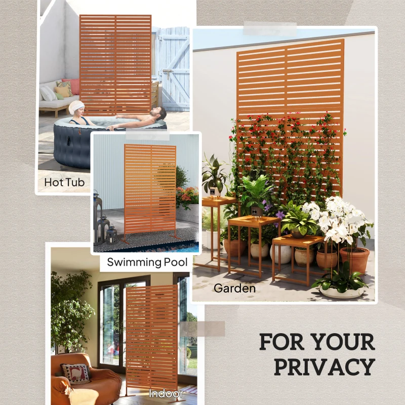 Outsunny Decorative Privacy Fence Screen, Metal Outdoor Privacy Screen Climbing Plant Trellis with Stand, 78" H x 48" W, Brown