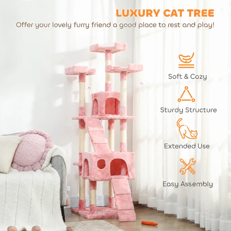 PawHut 68-inch Multi-Level Cat Scratching Tree Kitty Activity Center Post Tower Condo Pet Furniture w/ Toy Pink