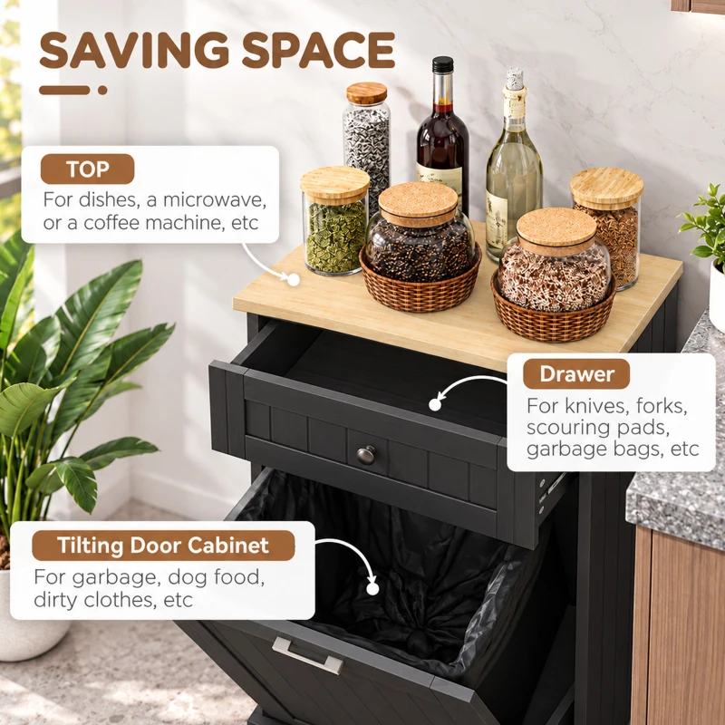 HOMCOM 10 Gallon Tilt Out Trash Cabinet, Wooden Hidden Trash Can with Storage Drawer for Kitchen, Laundry Hamper Cabinet for Bathroom, Black