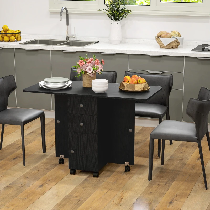 HOMCOM Drop Leaf Dining Table, Mobile Folding Table on Wheels with Drawers and Cabinet for Dining Room, Kitchen, Black