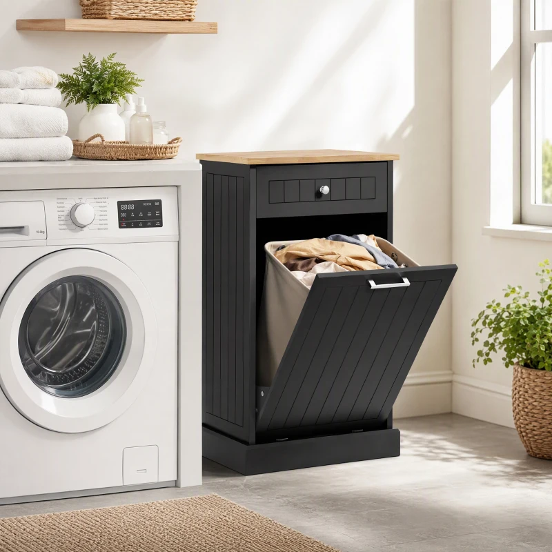 HOMCOM 10 Gallon Tilt Out Trash Cabinet, Wooden Hidden Trash Can with Storage Drawer for Kitchen, Laundry Hamper Cabinet for Bathroom, Black