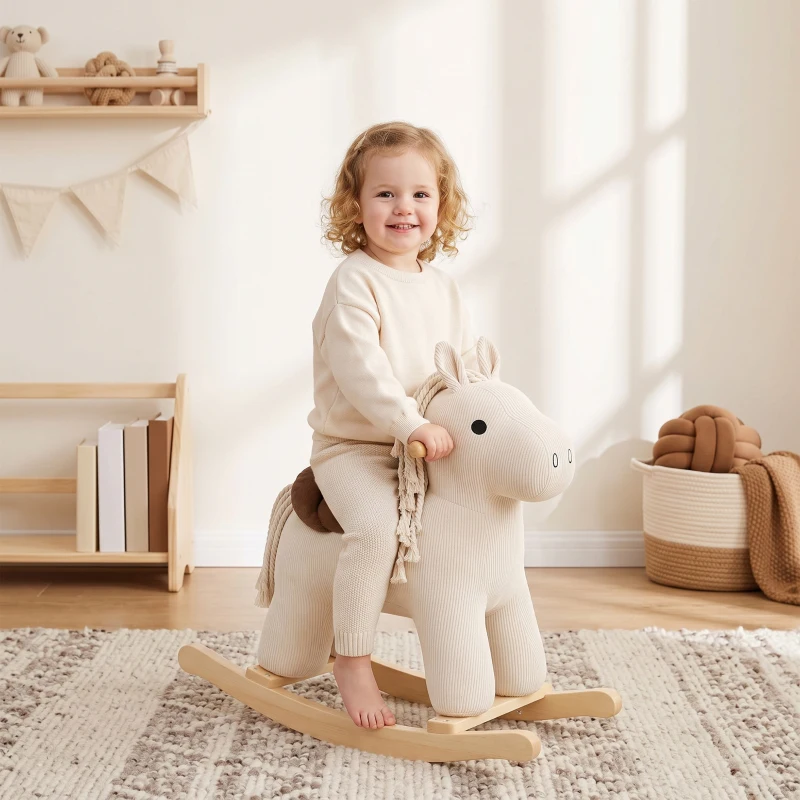 Qaba Baby Rocking Horse, Wooden Ride on Horse Toy with Realistic Sound and Rocking Limiter, Plush Ride-On Rocker for Toddlers