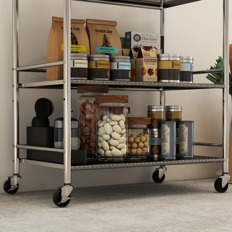 HOMCOM 3 Tier Stainless Steel Rolling Cart with Adjustable Shelf, Utility Cart on Wheels with Handles for Kitchen, Silver