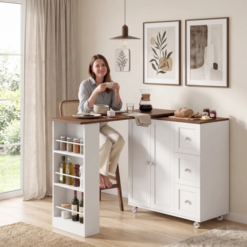 HOMCOM Bar Table with Storage Counter Height Table 3 Drawers Side Shelves, Walnut and White