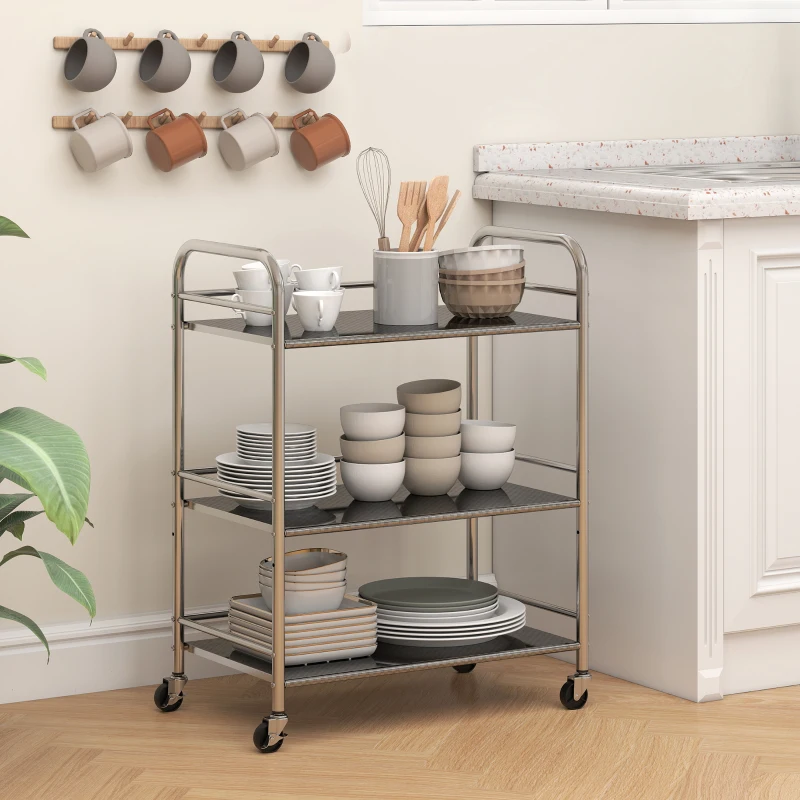 HOMCOM 3 Tier Stainless Steel Rolling Cart with Adjustable Shelf, Utility Cart on Wheels with Handles for Kitchen, Silver