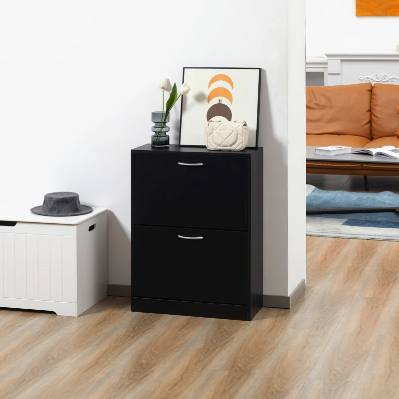 HOMCOM Shoe Cabinet with 2 Flip Drawers, Narrow Shoe Storage Cabinet with Adjustable Shelves for Entryway, Hallway, Black