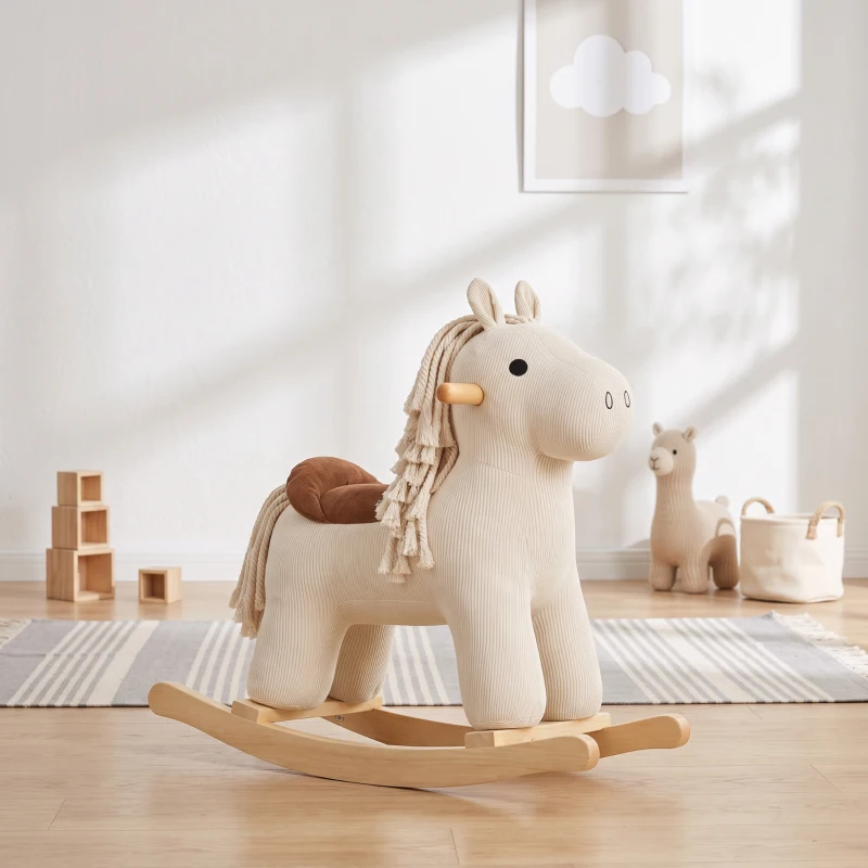 Qaba Baby Rocking Horse, Wooden Ride on Horse Toy with Realistic Sound and Rocking Limiter, Plush Ride-On Rocker for Toddlers