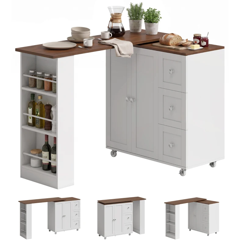 HOMCOM Bar Table with Storage Counter Height Table 3 Drawers Side Shelves, Walnut and White