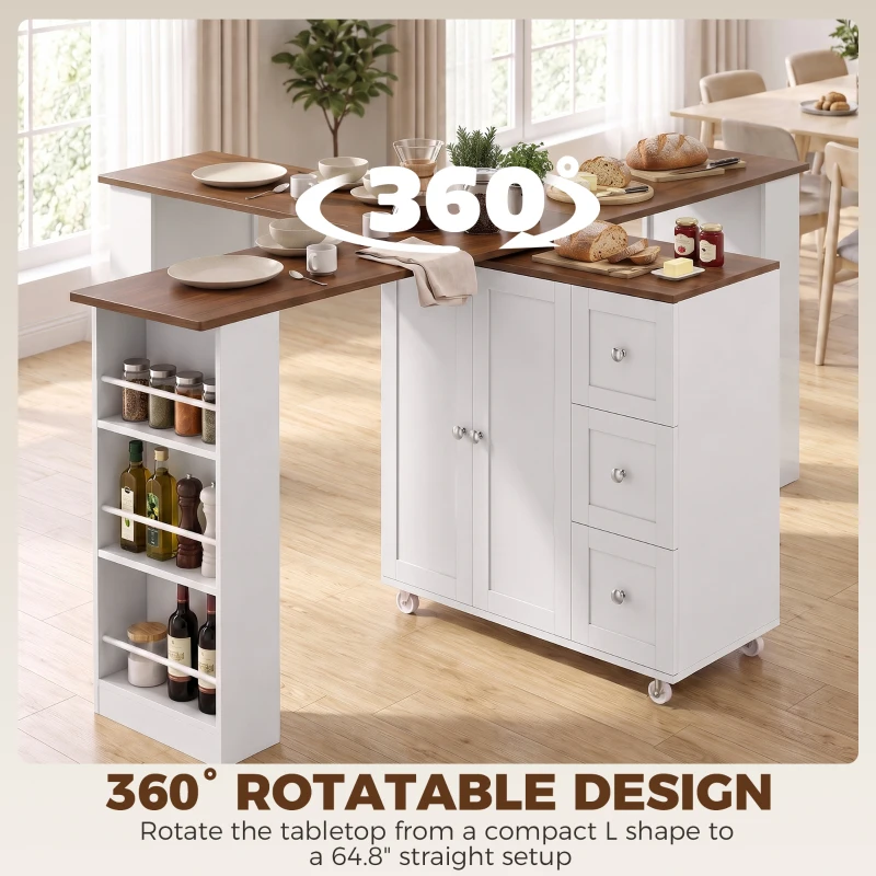 HOMCOM Bar Table with Storage Counter Height Table 3 Drawers Side Shelves, Walnut and White