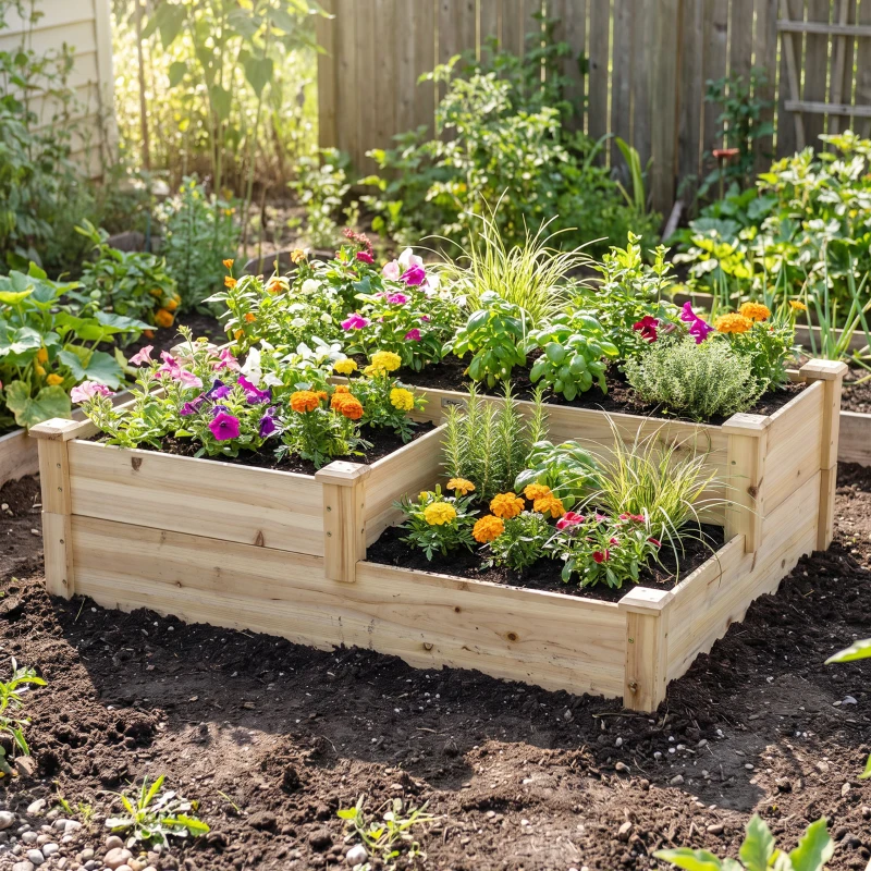 Outsunny 3 Tier Raised Flower Bed Outdoor Planter Box Wooden Garden Bed, Open Bottom for Plants, 42.5"x34.75"x14.25", Natural