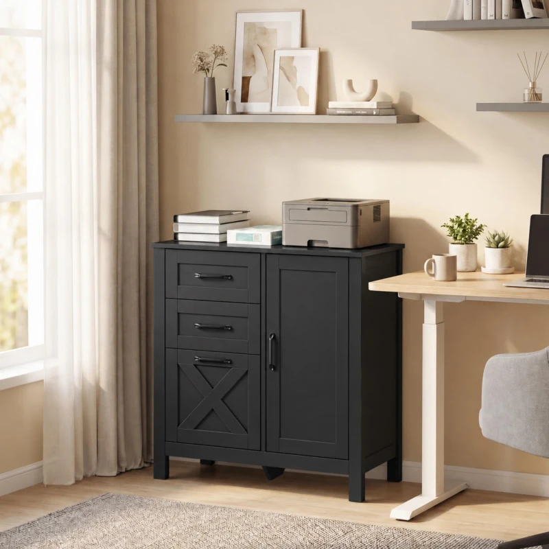 HOMCOM Filing Cabinet with 3 Drawers Printer Stand Adjustable Shelf Door Cabinet Black
