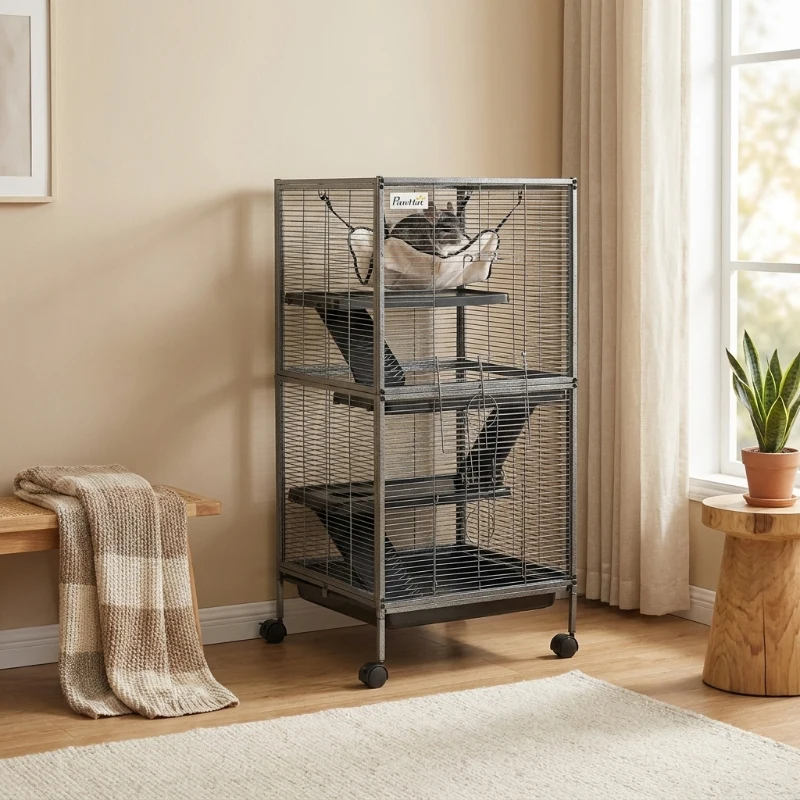 PawHut Metal Small Animal Cage Rolling Big Ferret Cage, Chinchilla Cage, Sugar Glider Cage, with Hammock & 4 Tiers, Removable Tray, Gray